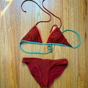 Aerie Multicolor Bikini Burnt Orange/Maroon with Turquoise and Orange Trim Small